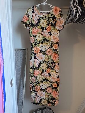 Black Floral Midi Dress with Peach Blooms - Women's